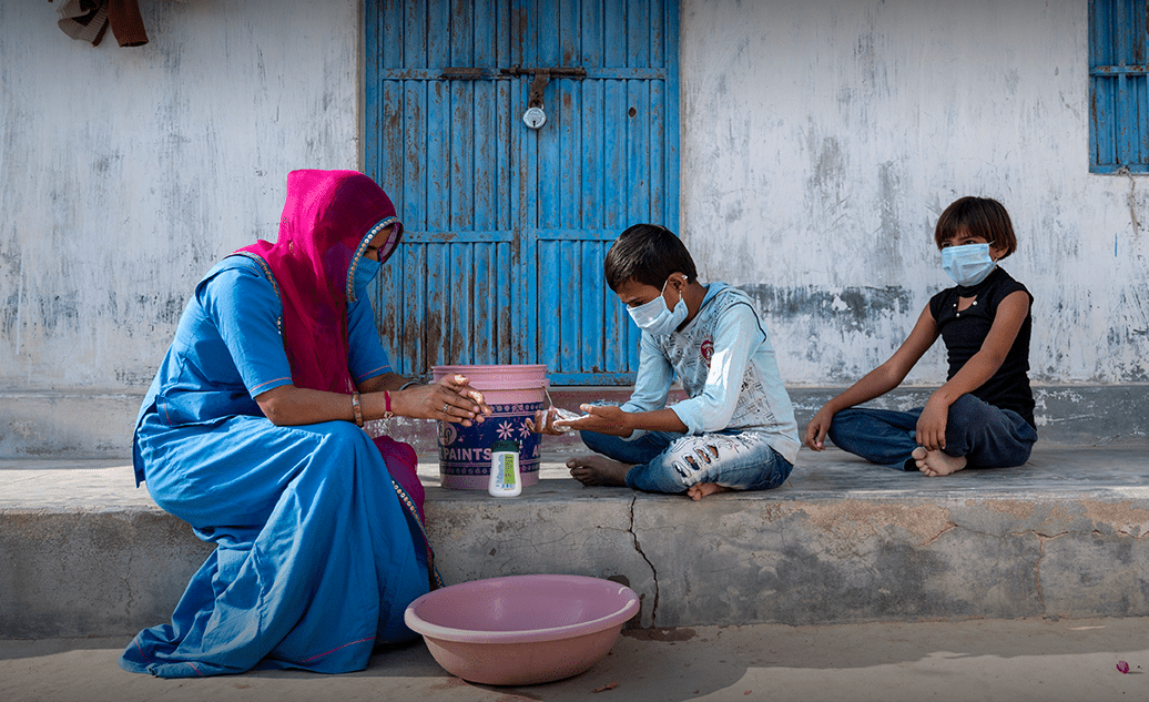A hand wash session at village home during covid 19 pandemic, in India.