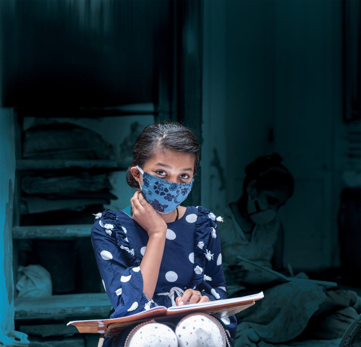 A girl studying at home during covid lockdown.